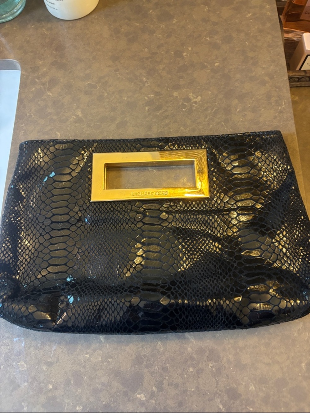 Michael Kors Black Snake-Embossed Clutch with Gold Frame - Picture 2 of 4